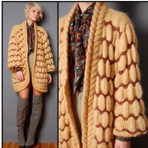 VINTAGE Gold and Brown Mohair Blend Bubble Cardigan Sweater  Avant Garde Size XL